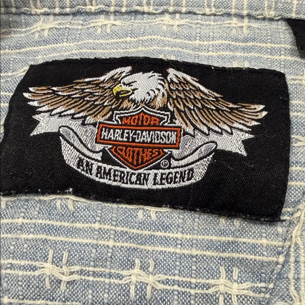 Lt Blue White Vintage Harley Davidson Short Sleeve Button Barbed Wire Shirt SzXL